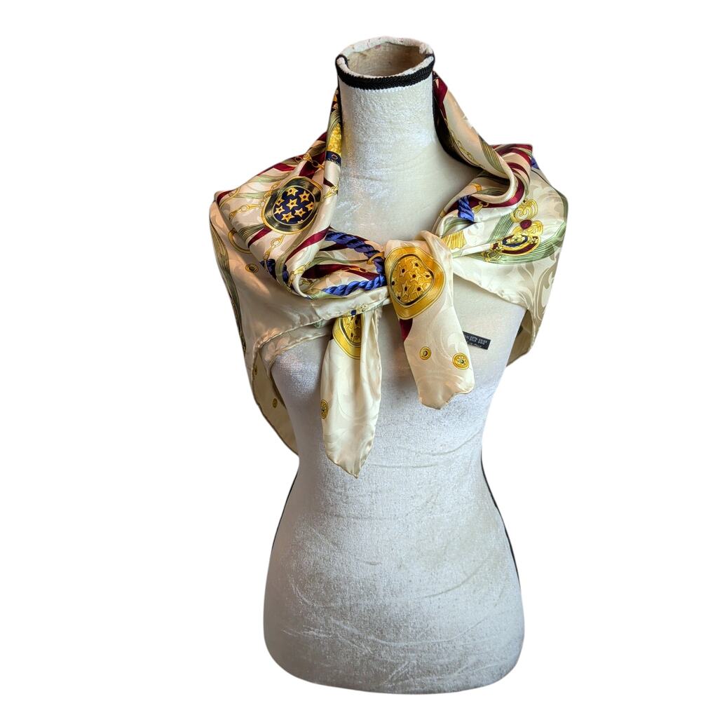 Vtg 100% Silk Baroque Scarf Yellow Elegant Classic Equestrian Mob Wife Italy - Picture 3 of 5